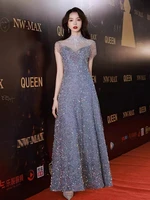 blue celebrity dresses a line 2022 high neck sequined lace beading slim floor length wedding party prom evening gowns for women