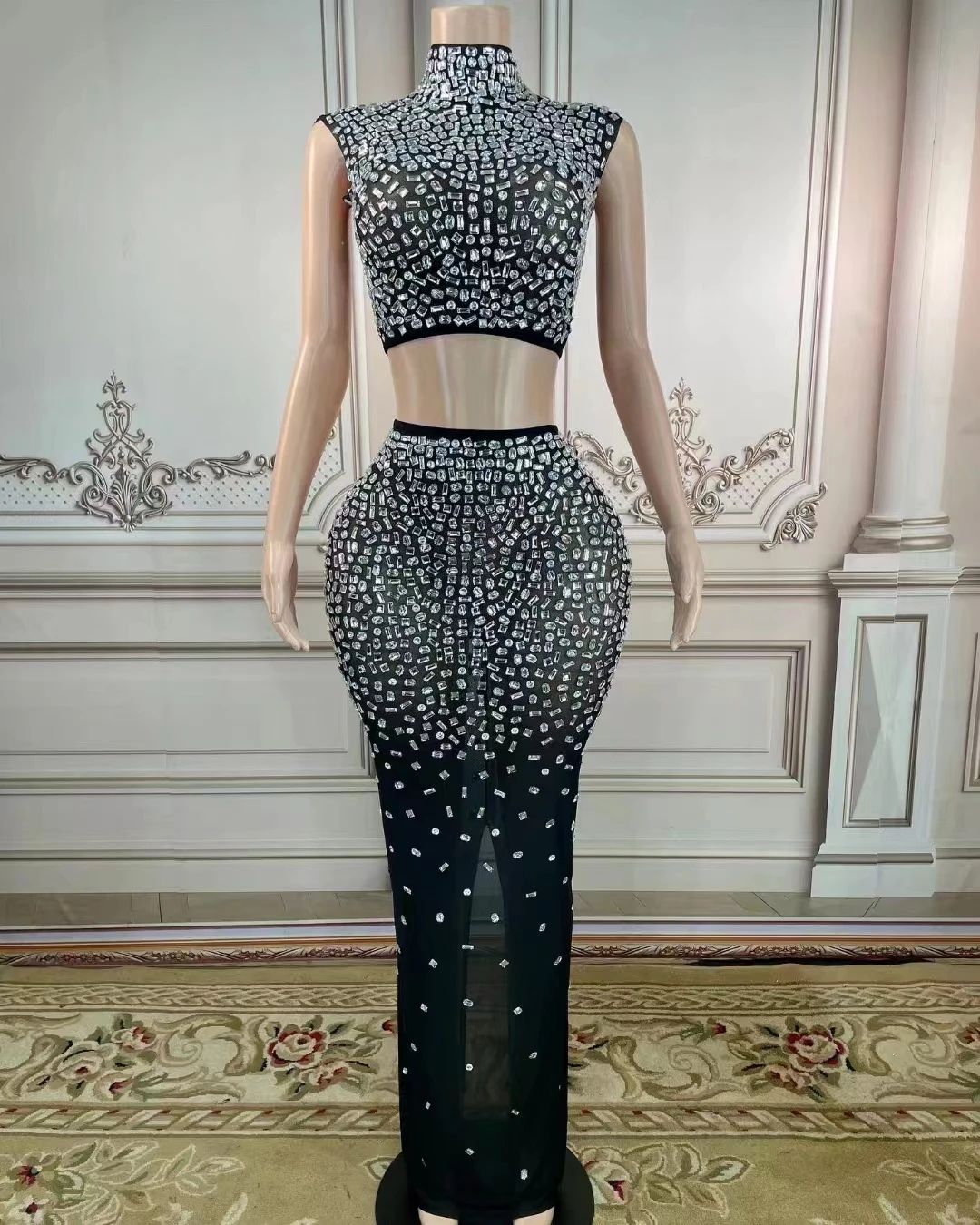 

Sexy Sparkly Rhinestones Pearl Top Long Skirt Transparent Two Pieces Set Women Birthday Celebrate Evening Prom Party Black Dress
