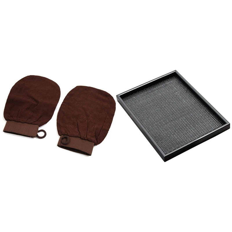 

2Pcs Exfoliating Massage Mitt Back Scrubber Glove With Handmade Rattan Wooden Tray