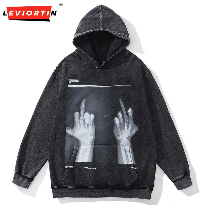 

Vintage Hoodie Streetwear Y2K Grunge Hip Hop Skeleton Skull Print Punk Gothic Wash Oversize Sweatshirt Harajuku Cotton Loose Top
