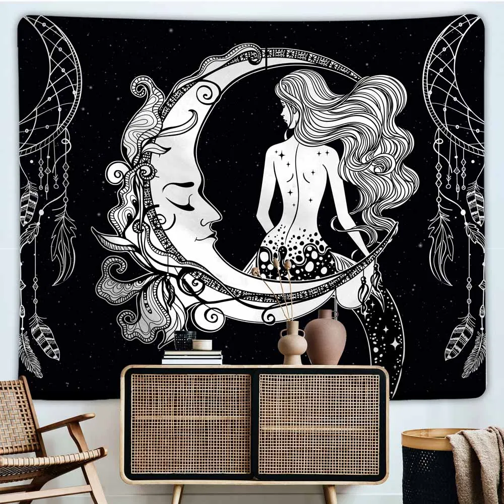 

Goddess of The Moon Tapestry Wall Hanging Gobelin Aesthetic Kawaii Room Decor Tarot Big BeachTowel Vintage Hippie Black Tapestry