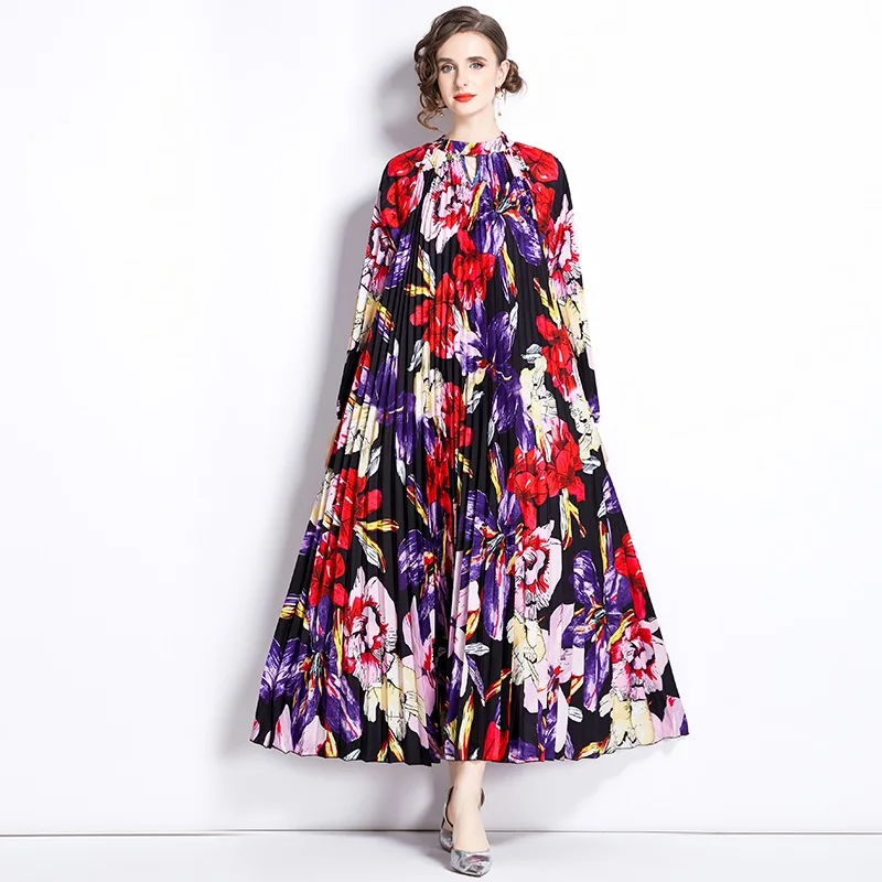 

Женское плиссированное платье с поясом, модельное свободное платье с цветочным принтом, длинным рукавом-фонариком и круглым вырезом, уличная одежда на осень