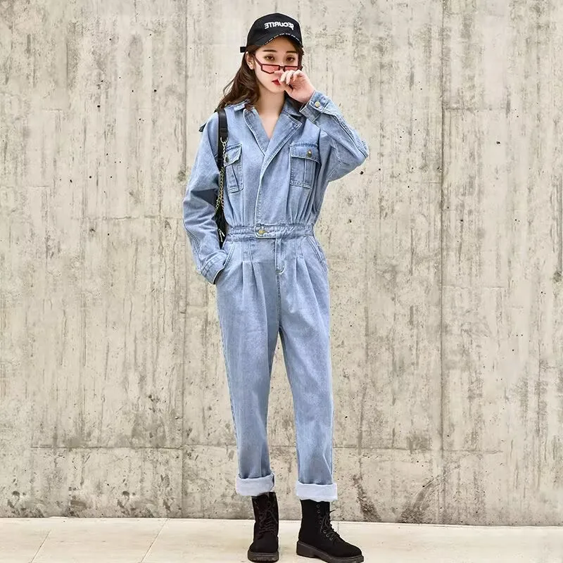 

Blue Elegant Streetwear Women Denim jumpsuit Pants 2023 Autumn Long Sleeve High Waist Retro Jeans Overalls Rompers Female