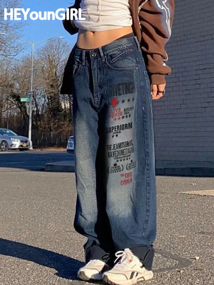 

Джинсы HEYounGIRL С Вышивкой Букв в стиле хип-хоп с широкими штанинами и заниженной талией в стиле Харадзюку синие винтажные джинсовые брюки кор...
