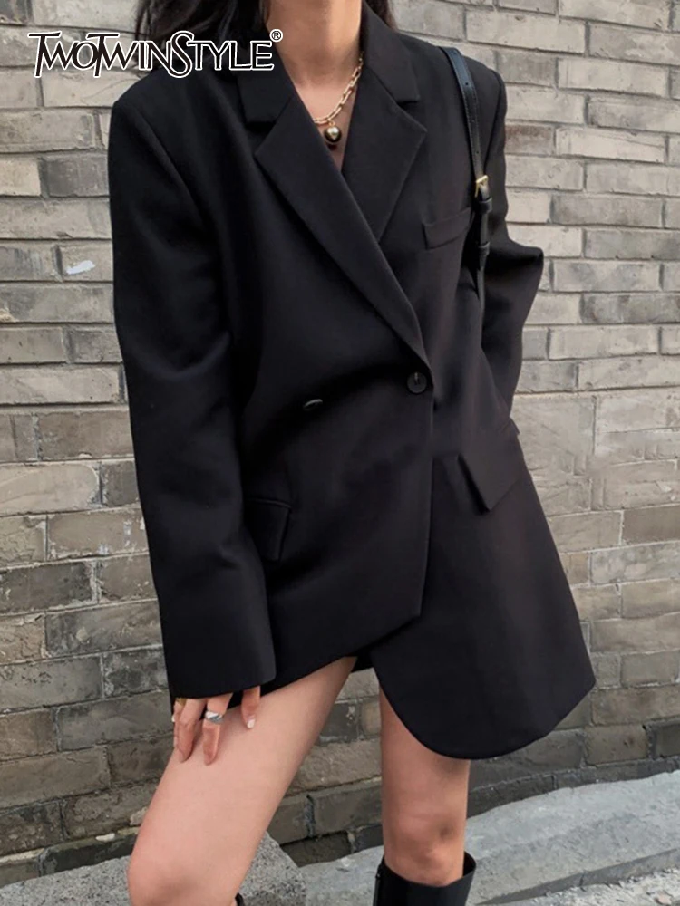 

TWOTWINSTYLE Asymmetrical Autumn Solid Blazer Female Notched Collar Long Sleeve Spliced Single Breasted Blazers Women Clothing
