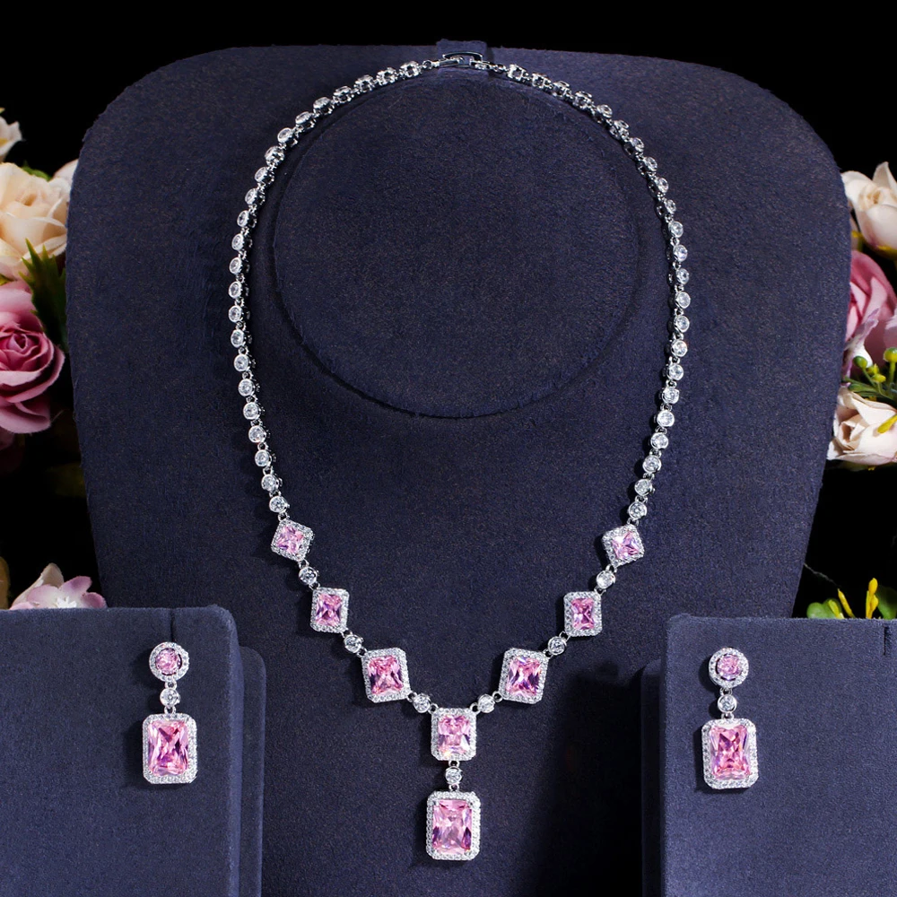 

BeaQueen Romantic Pink Rectangle CZ Stones Drop Earrings and Necklace Set for Women Wedding Party Accessories Jewelry Gift JS312