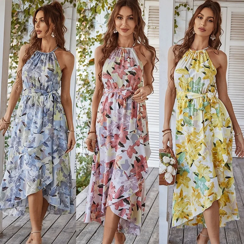 

Summer Long Dresses Women Fashion Elegant Casual Sleeveless Floral Printed Dress Beach Dress Vestidos Party Robe Femme X205