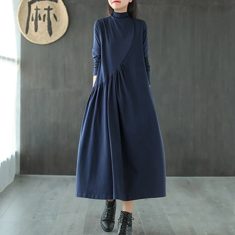 

Vintage Long Dress Cotton Shirt Dress Women Plus Size Clothing Turtleneck Loose Ladies Dresses Casual 2022