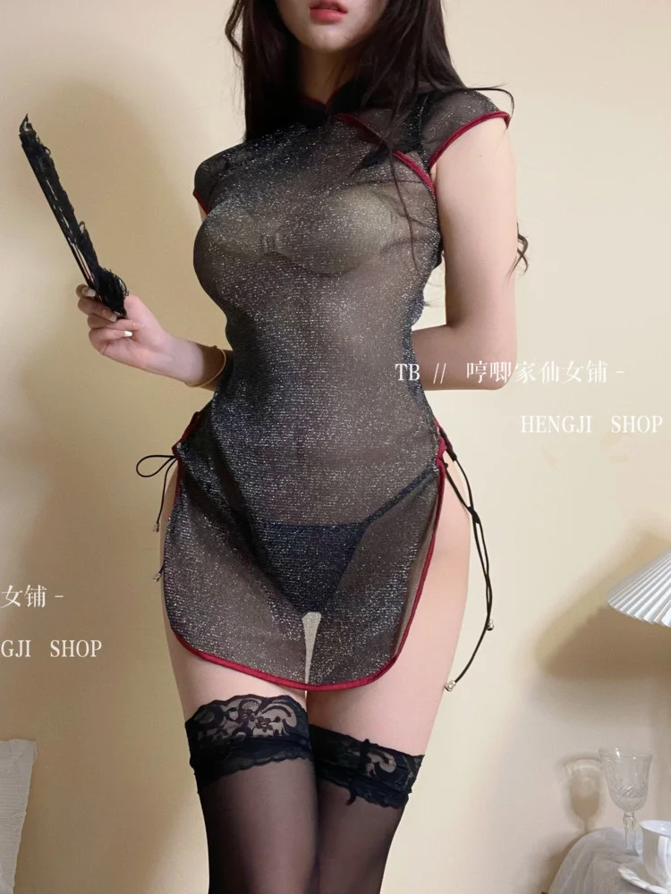 

Silk WOMENGAGA Fairy Silver Sexy Cheongsam T Shirt Mini Dress Female Sexy Uniform Mesh Lace Transparent Tops Korean Sweet X8WX