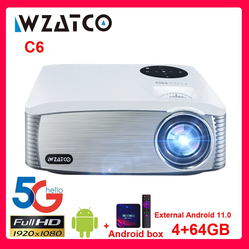 

WZATCO C6 Android 11.0 WIFI 64GB Full HD 1080P LED Projector Beamer 5G Video Proyector 300" Large Screen for Home Theater Cinema
