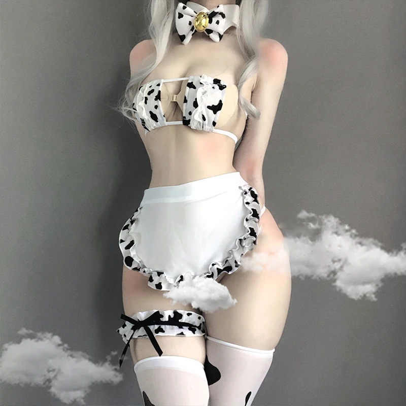 

New Cos Cow Cosplay Costume Maid Tankini Bikini Swimsuit Anime Girls Swimwear Clothing Lolita Bra and Panty Set Stockings