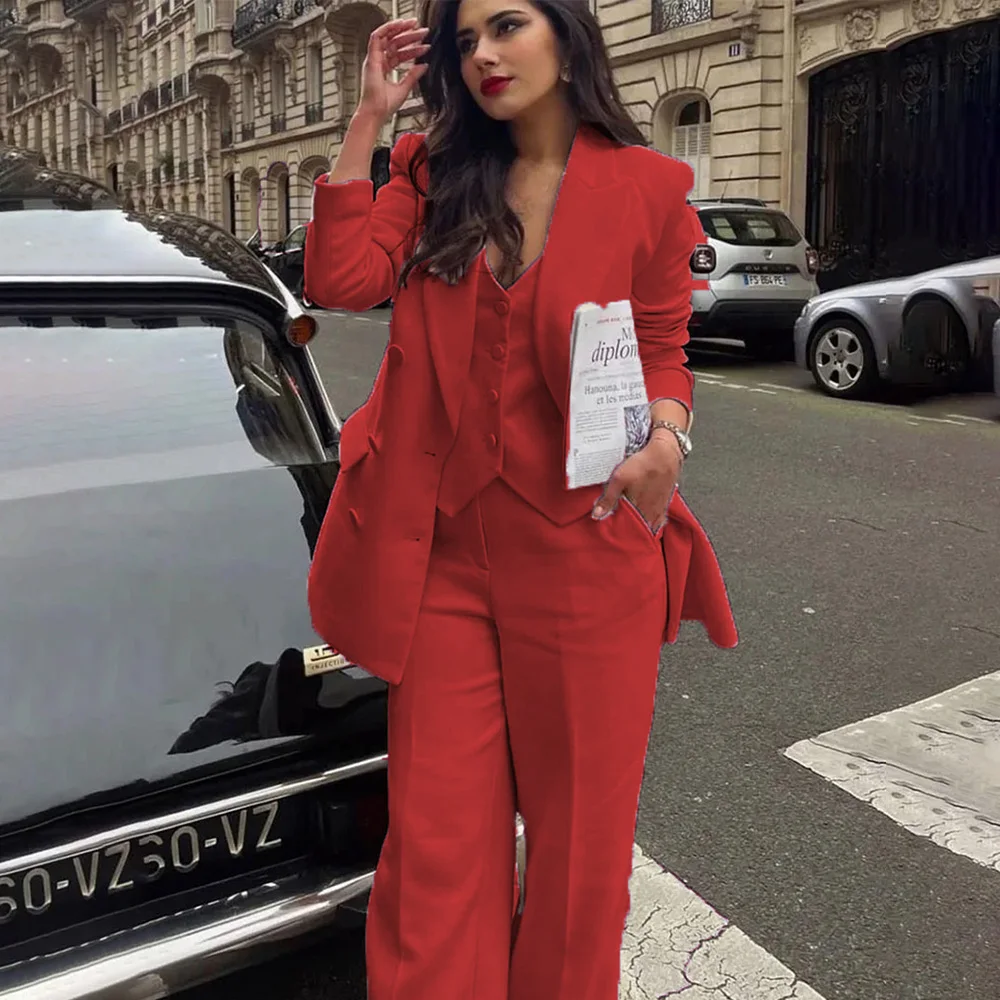 Women's Suit 2023 Spring New Fashion Three-Piece Double Breasted Solid Color Elegant Office Ladies Blazer Female Casual Pantsuit