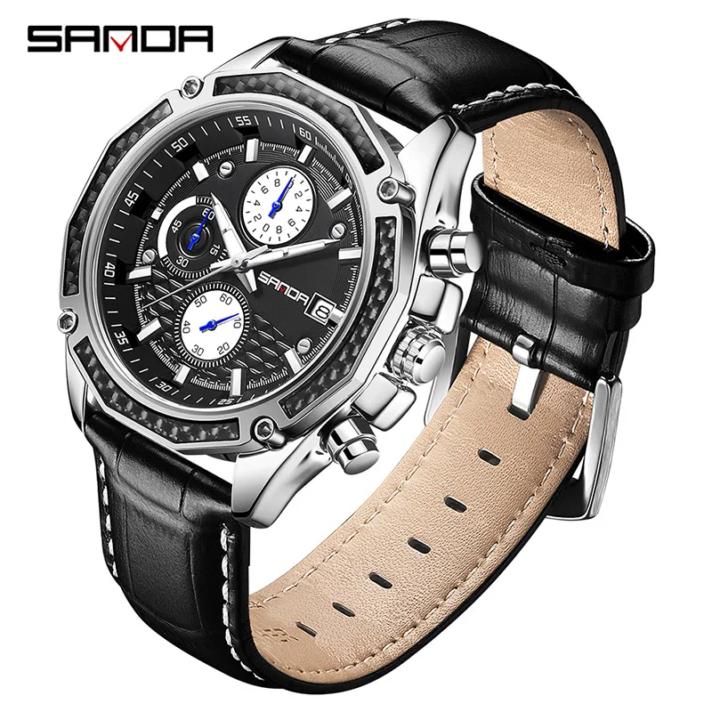 

Sanda 5301 Fashion Soft Leather Strap Waterproof Japanese Quartz Movement Six Needles Business Men Calendar Chronograph Watch