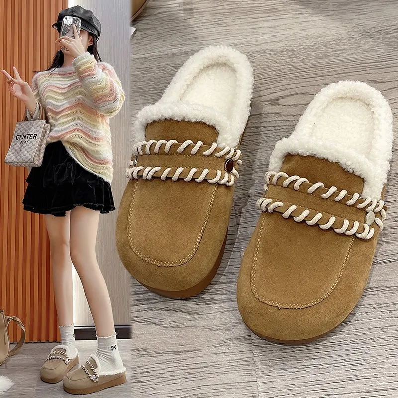 Женская обувь с закрытым носком женские тапочки меховые шлепанцы лоферы из флока