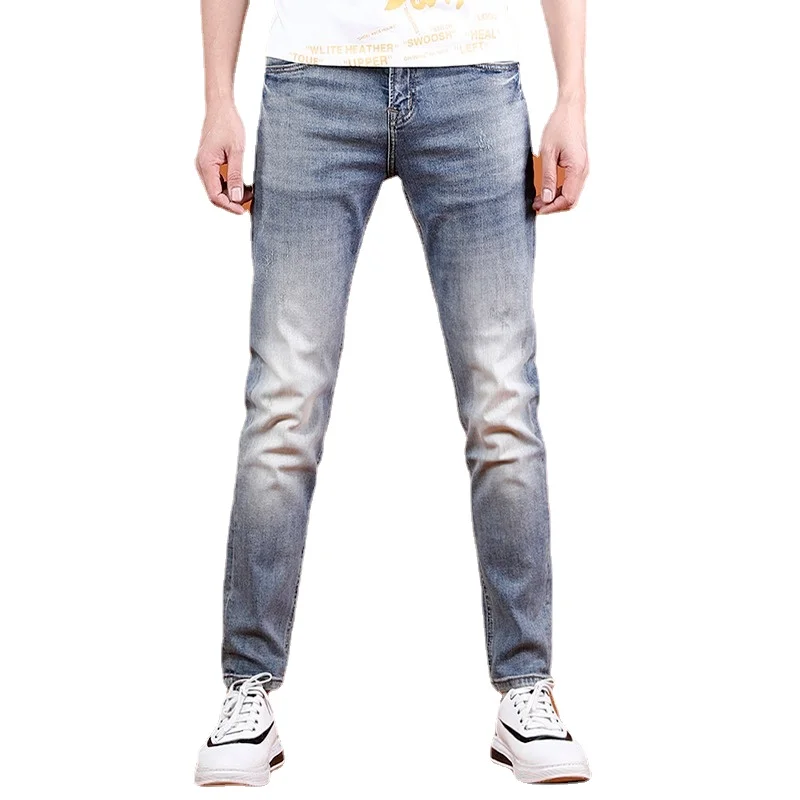 Summer Jeans Men Slim Fit Straight Leg Pants 2022 New Streetwear Casual Light Blue Stretch Denim Trousers