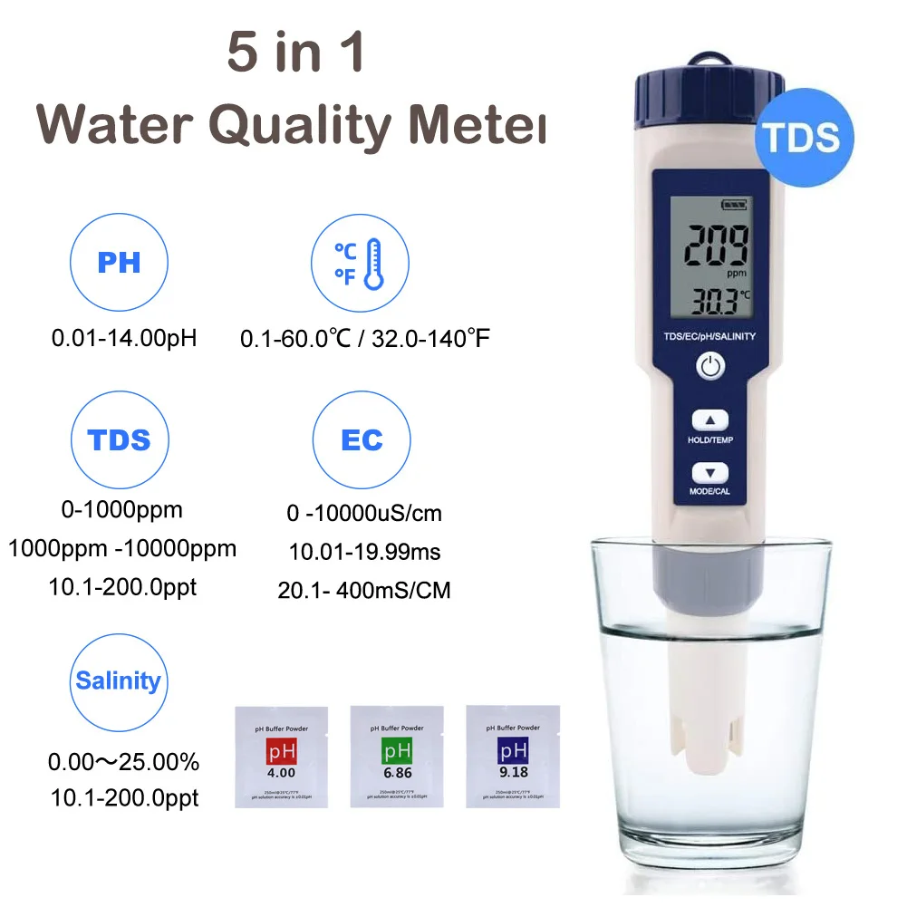 

Цифровой измеритель pH водонепроницаемый 5 в 1 TDS/EC/PH/солености/температуры тестер качества воды для бассейнов гидропоники аквариумов