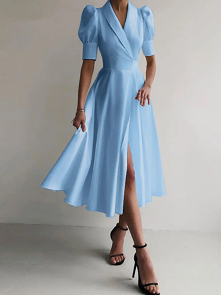 

Summer Sexy Split High Waist Party Dress Women Office Commuter Solid Chic Dress Elegant Suit Collar Puff Sleeve Slim Waist Dress