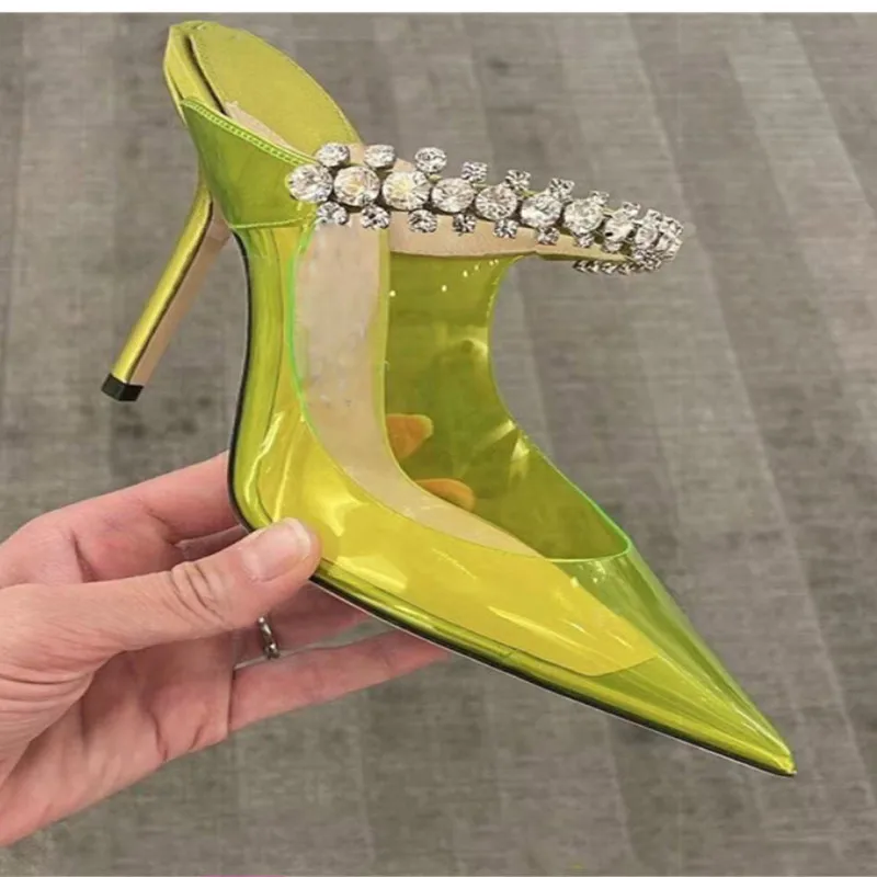 Women's Sandals 2023 Spring/Summer New Pointed High Heels Fashion Banquet Water Diamond Chain Transparent Baotou Muller Shoes
