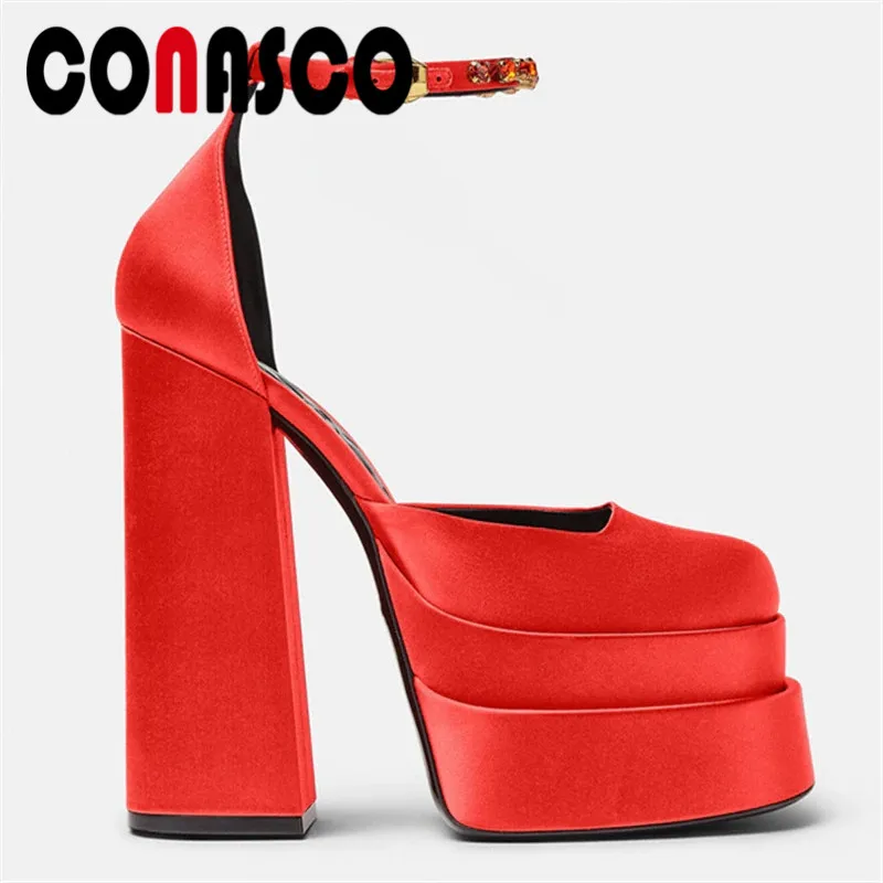 

CONASCO 2022 Spring Women Pumps Shoes Sexy Thick High Heels Big Size Platforms Black Red Fashion Dress Party Wedding Shoes Woman