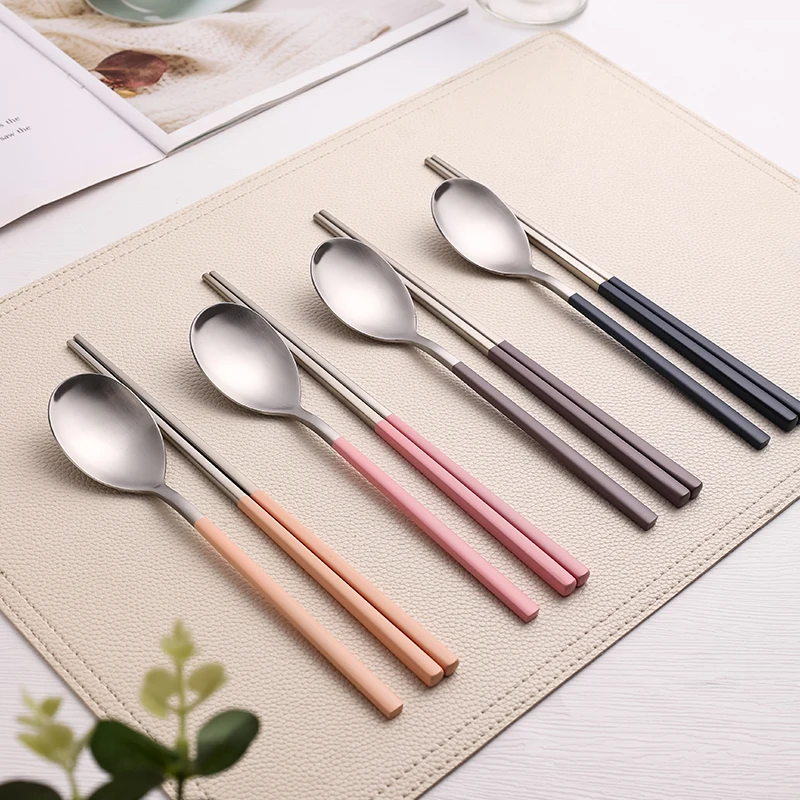 Stainelss Steel Cutlery Set Korean Spoons Chopsticks Dinner 