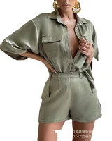 short sleeve pocket decorative shirt shorts suit 2022 summer casual women green shirt shorts two piece set new fashion