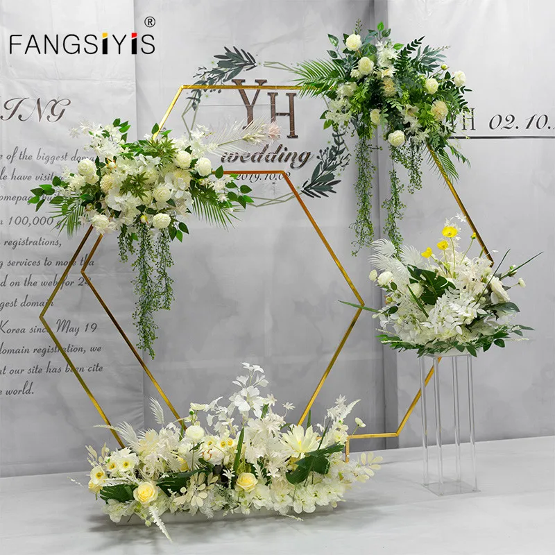 

Shiny Gilded Iron Geometric Hexagonal Shelf Wedding Arch Props Background Display Stand Outdoor Wedding Arrangement Flower Frame