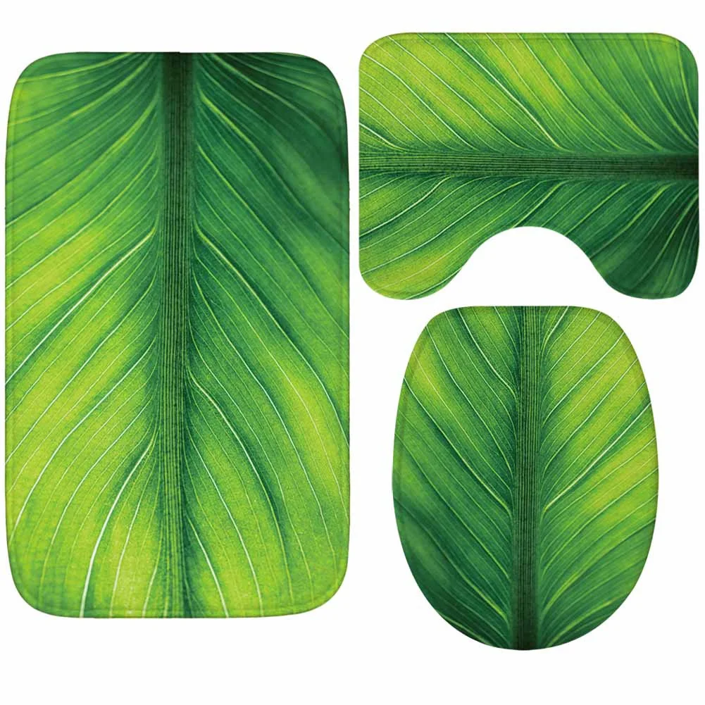 

3pcs Green Leaf Bathroom Toilet Seat Floor Mat Water Absorption Anti-skid Three Piece Carpet Bathroom Rugs And Mat Set