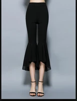 chic womens elastic chiffon pants patchwork ruffled flare calf length black chiffon trousers