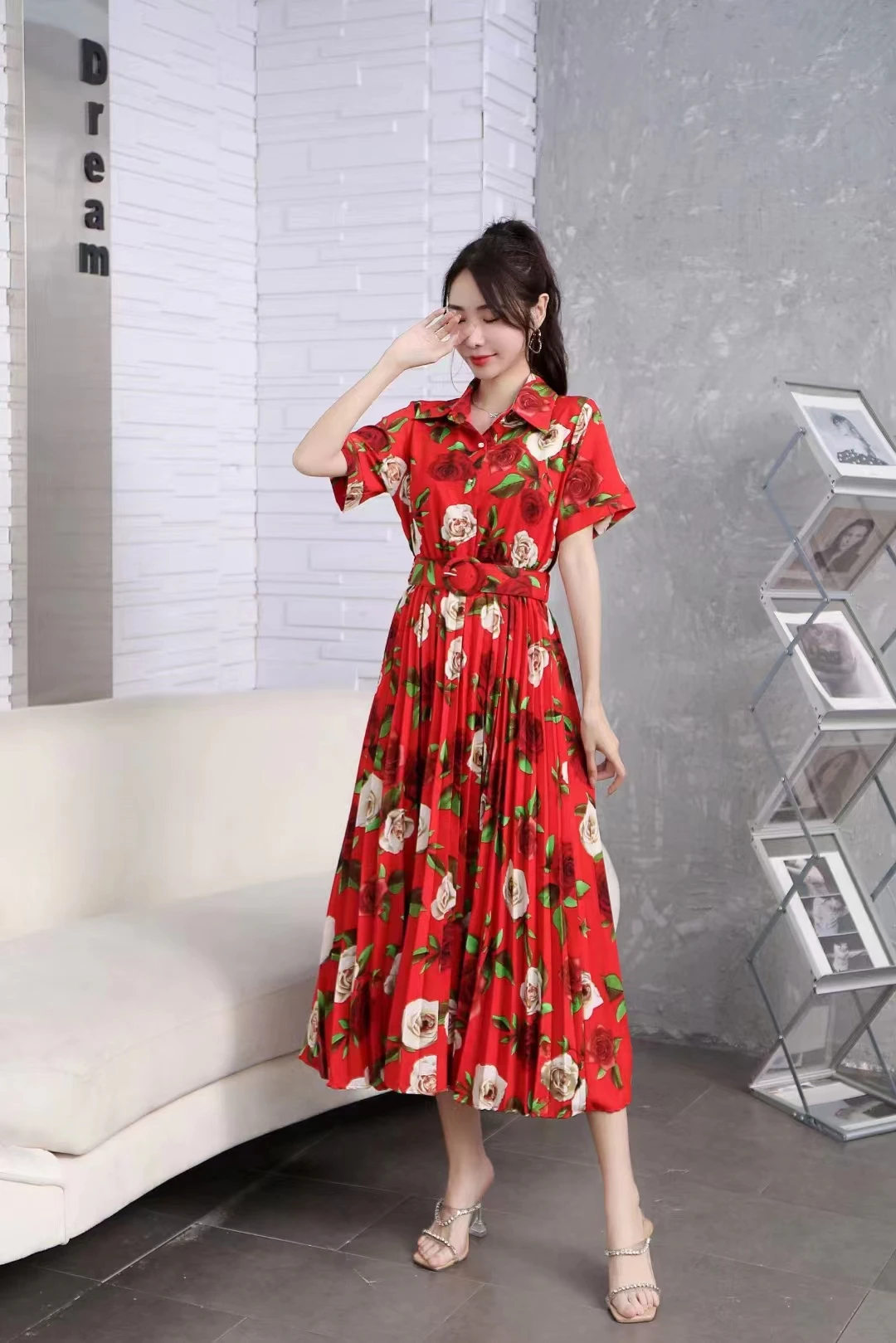 

2023 New Summer Women Turn-down Collar Short Sleeve Belt Slim Long Dress Korean Chic Pleated Big Hem Sweet Floral Dress