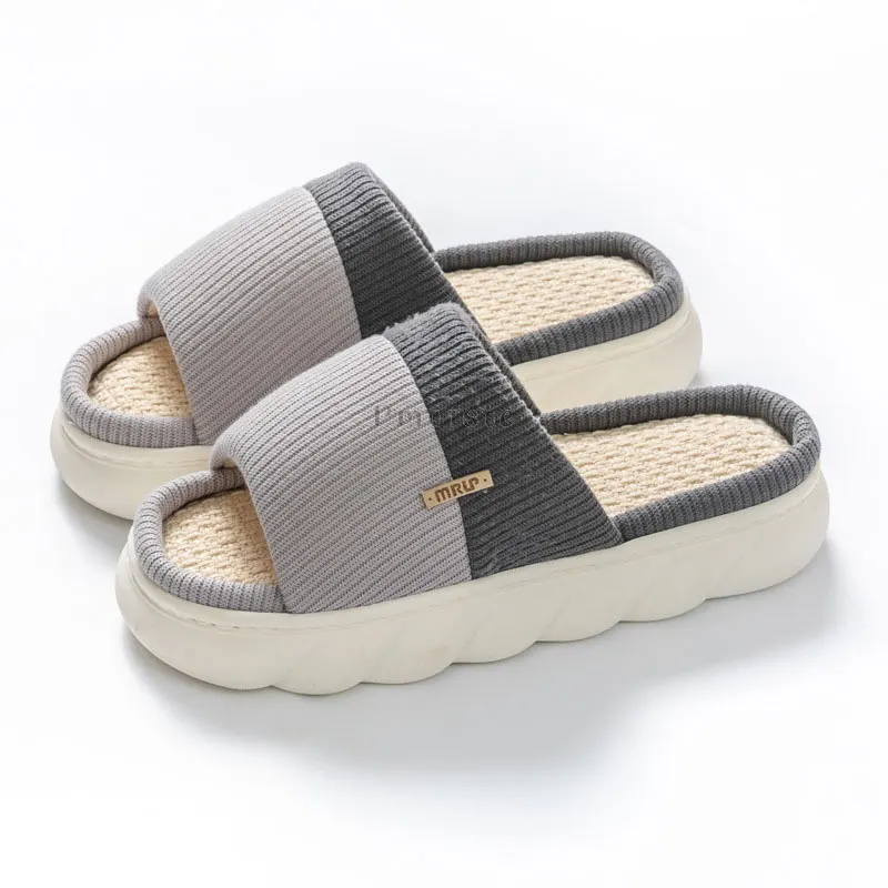 Female Indoor Slippers Striped Mix-color Shoes for Women Home Slides Open Toe Thick Sole Slippers Woman Linen Flat Shoes Comfort