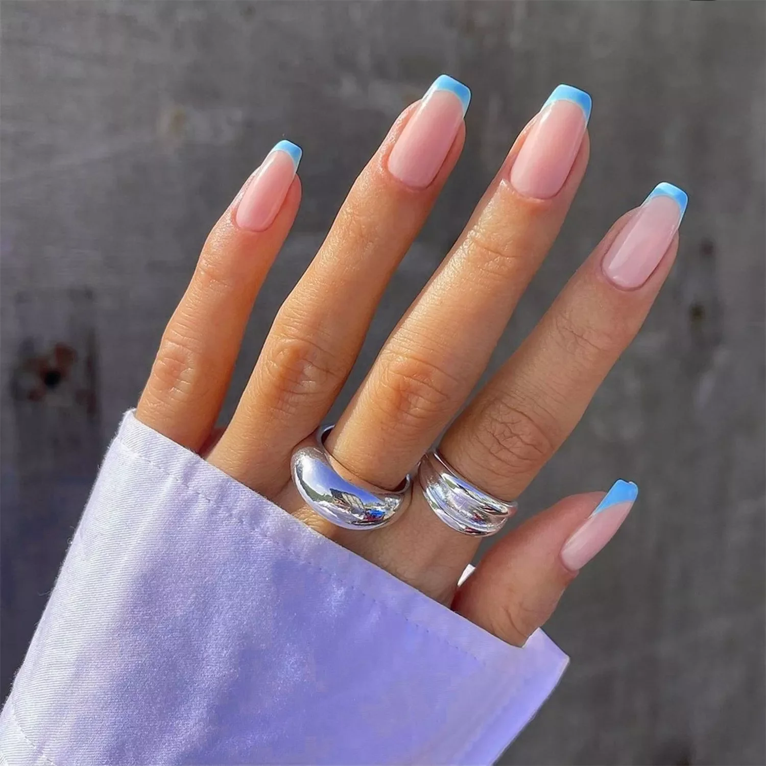 

French False Nail Tip Wearable Blue Edge Design Artificial Fake Nails with Glue Press On Nails DIY Nail Art Manicure Tool