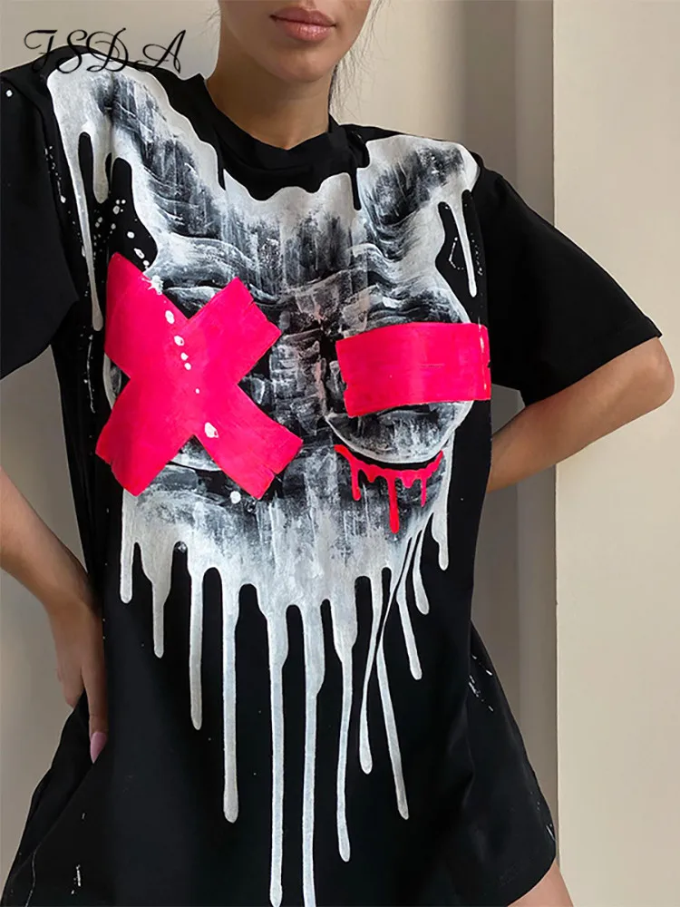 FSDA-camisetas con estampado Y2K para mujer, blusa holgada informal de manga corta con estampado negro y cuello redondo, ropa de moda de gran tamaño 2022