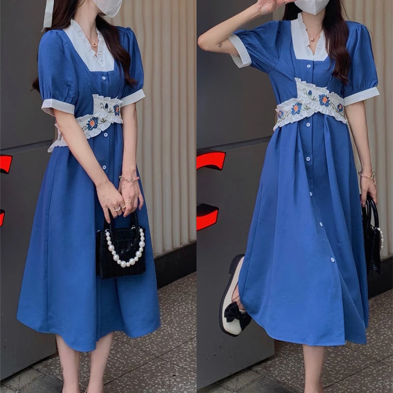 

Женское Повседневное платье на пуговицах, синее длинное платье средней длины с V-образным вырезом, элегантная одежда Y2k