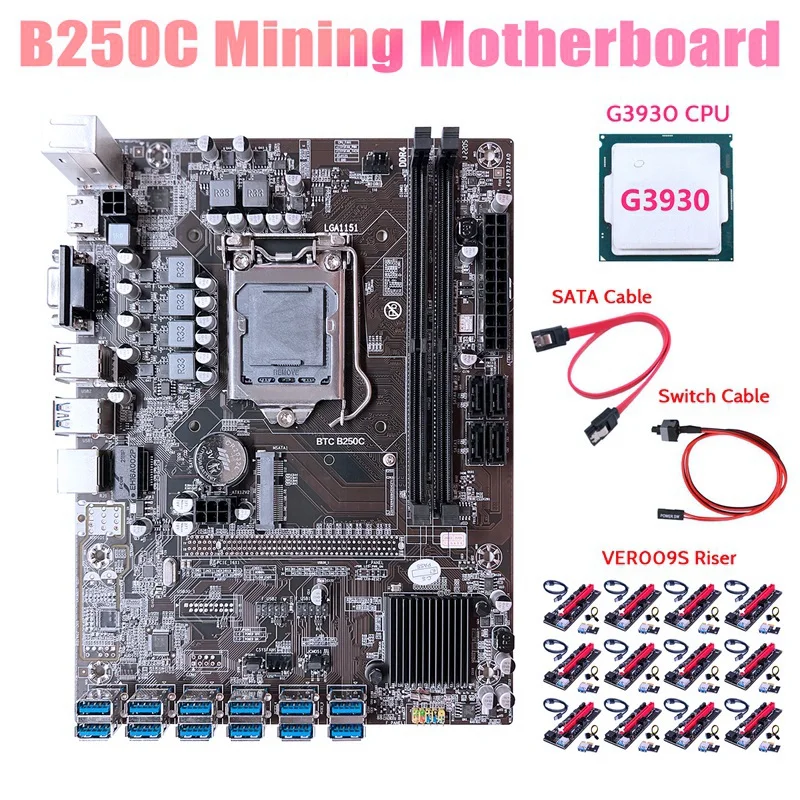

Материнская плата B250C ETH Miner + ЦП G3930 + переходник 12XVER009S + кабель SATA + переходник Cable12 USB3.0 слот GPU LGA1151 для BTC