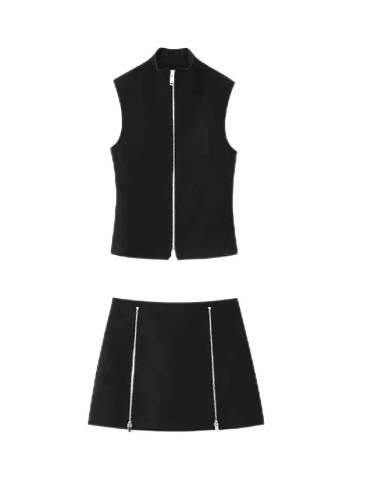 

Women New Fashion Zipper decoration Slim Stand Neck Tops Vintage Sleeveless Female Waistcoat Chic Tops + Skirts Women's suit