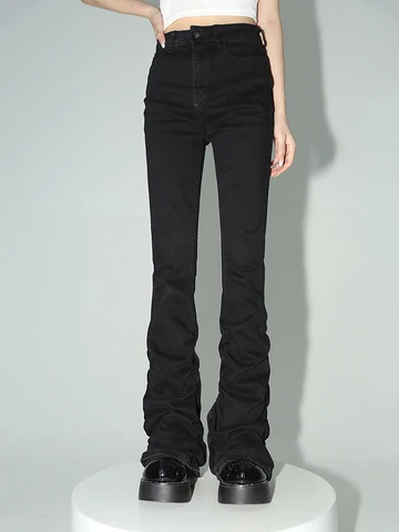 REDDACHiC Black Ruched Flare Jeans Women Y2k High-elastic Bootcut Stacked Pants High Waist Trousers Harajuku Goth Grunge Clothes