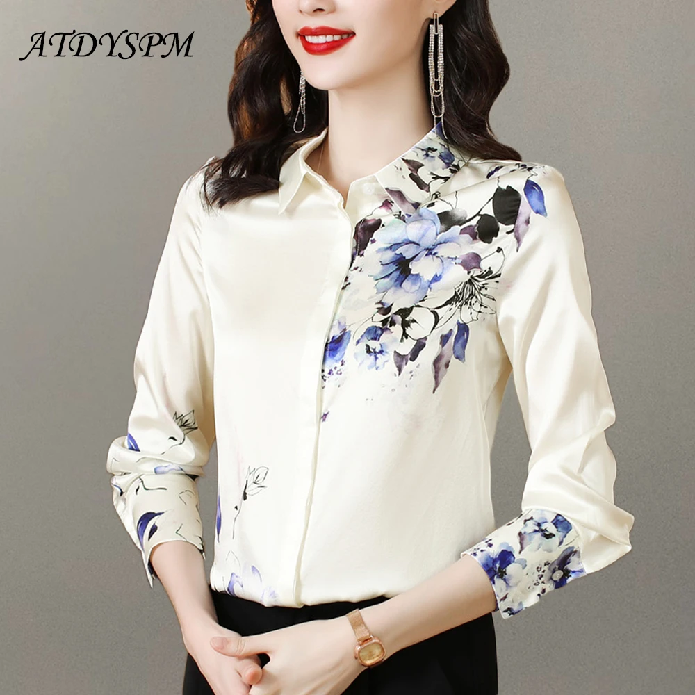 

Femme Chinese Style Printed Silk Long Sleeve Chiffon Shirts Elegant Office Lady Button OL Blouses Female Simplicity Casual Tops
