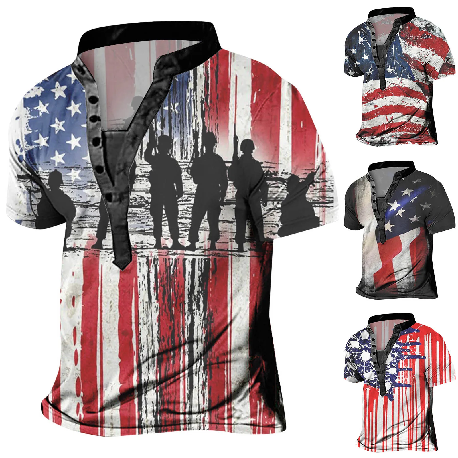 

Mens Independence Day Flag Digital 3D Printing Multi Button Collar Short Sleeve Shirt T Shirt handsome Tee Top