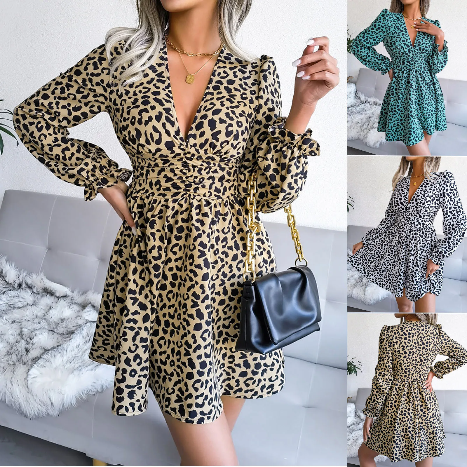 

Женское Свободное платье с леопардовым принтом, соблазнительное платье-трапеция с глубоким V-образным вырезом, высокой талией, длинным рука...