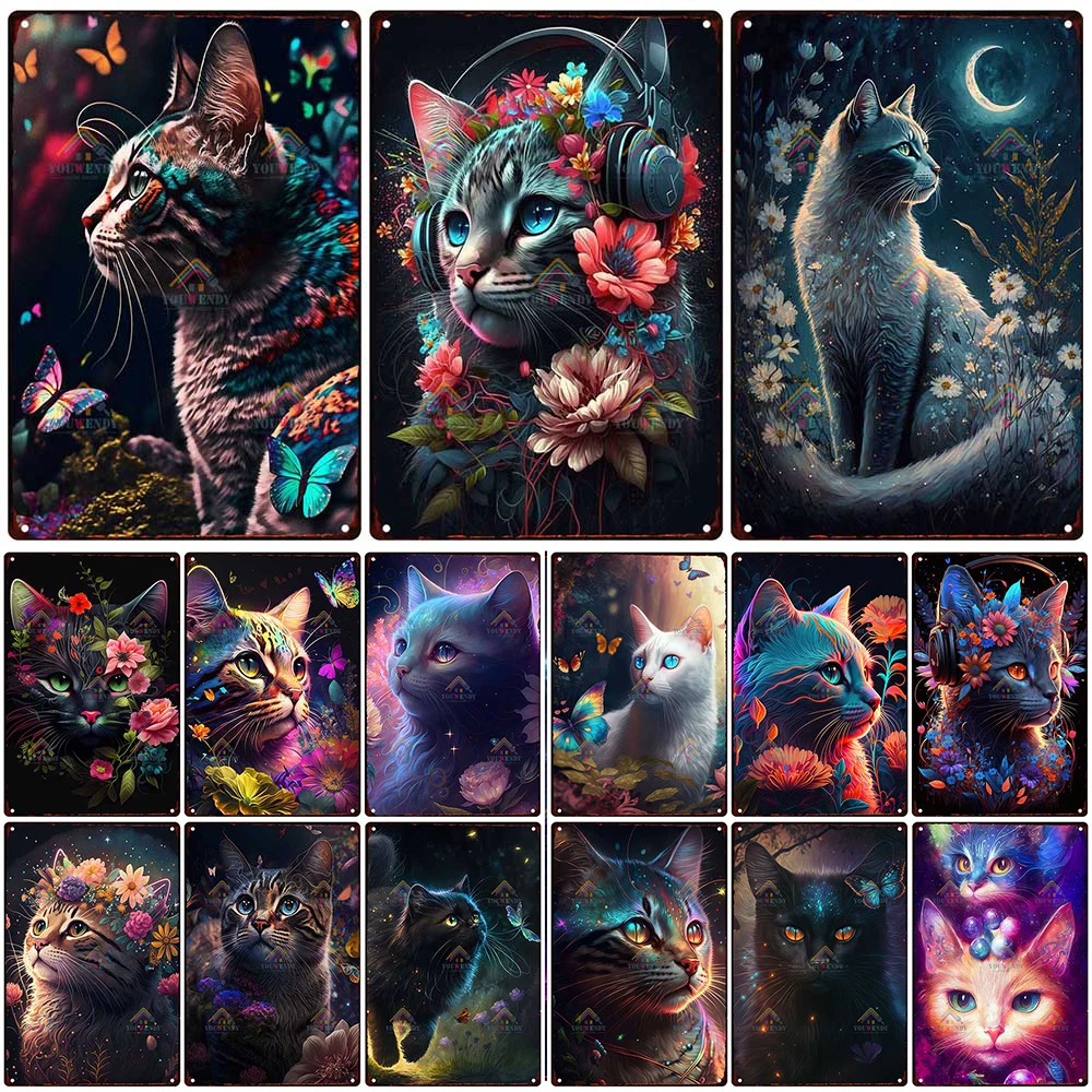 

Retro Butterfly and Cat Tin Sign, Metal Poster, Animal Wall Art, Home Decor, Garden Bar, 7.8x11.8 in, U1210