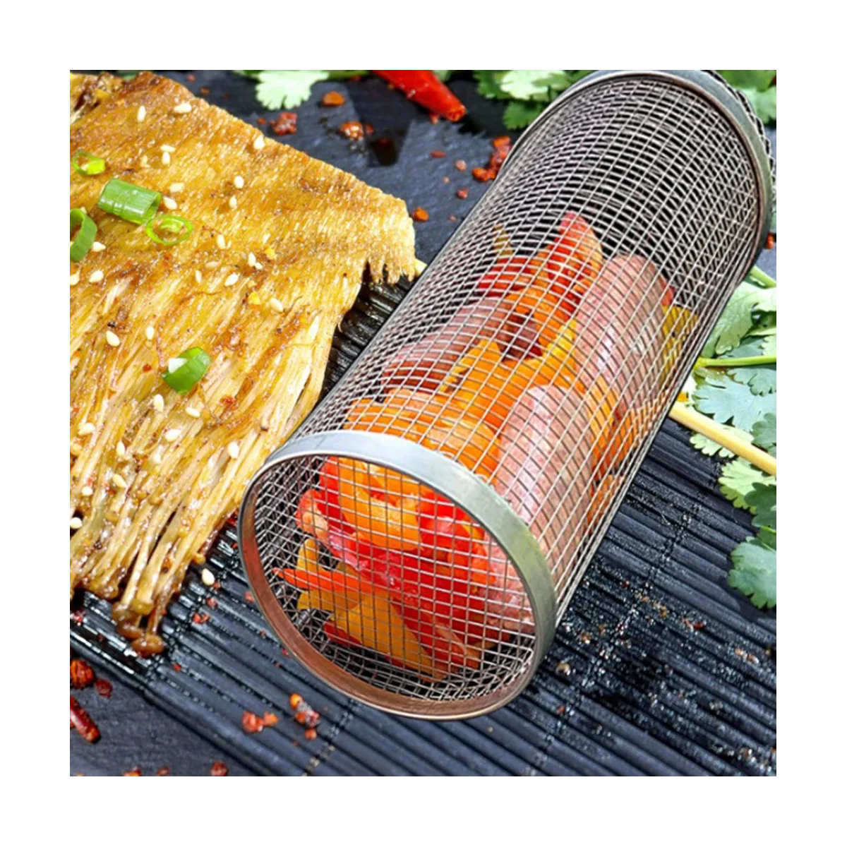 

Barbecue Basket Stainless Steel Grill Outdoor BBQ Basket Grate with Hook and Fork Travel Camping Picnic Cookware 30CM