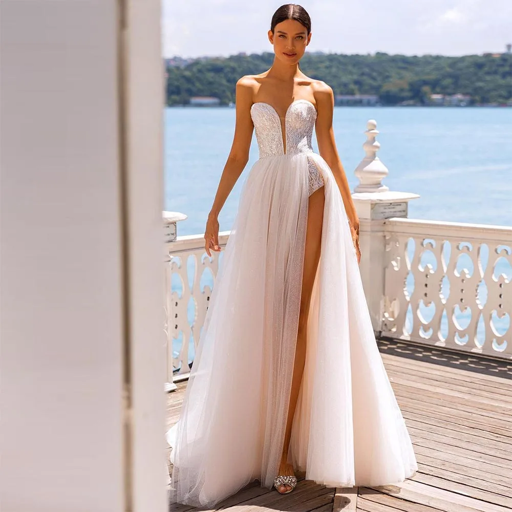 

Erotogenic Boho High Side Split Wedding Dresses Lace Appliques Sweetheart Sleeveless A-Line Wedding Gown Princess Bridal Dress