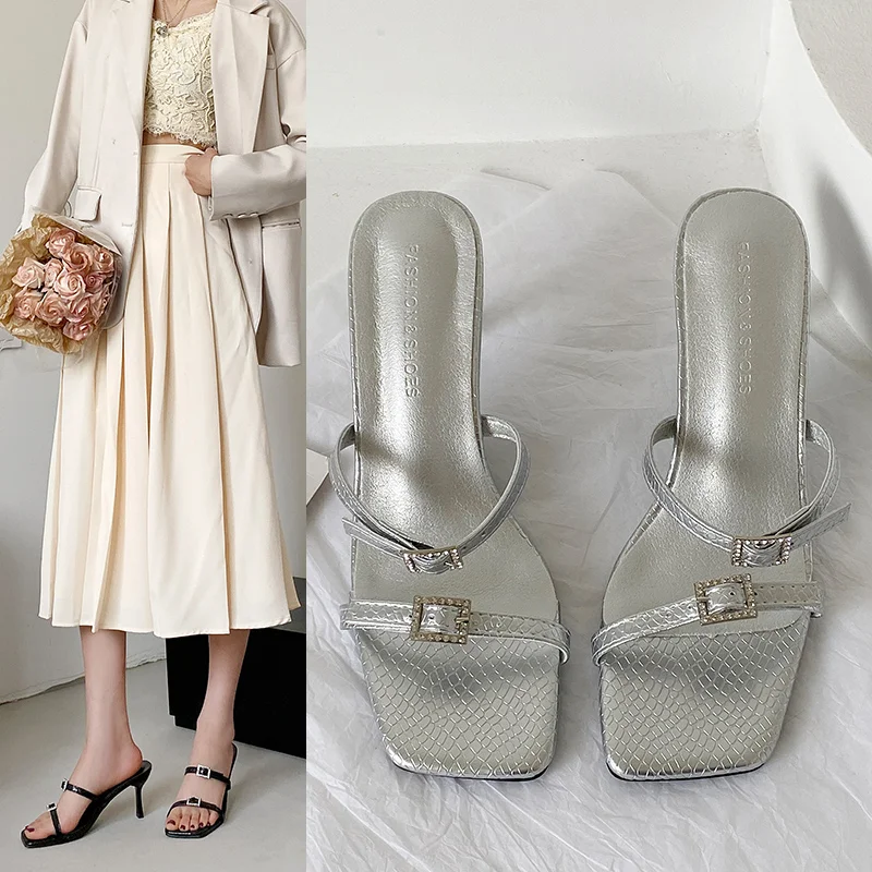 

Elegant Women Slides Slippers Open Toe Belt Buckle Rhinestone Snake Printed Summer Outside Slides Slippers Black Silver Mules