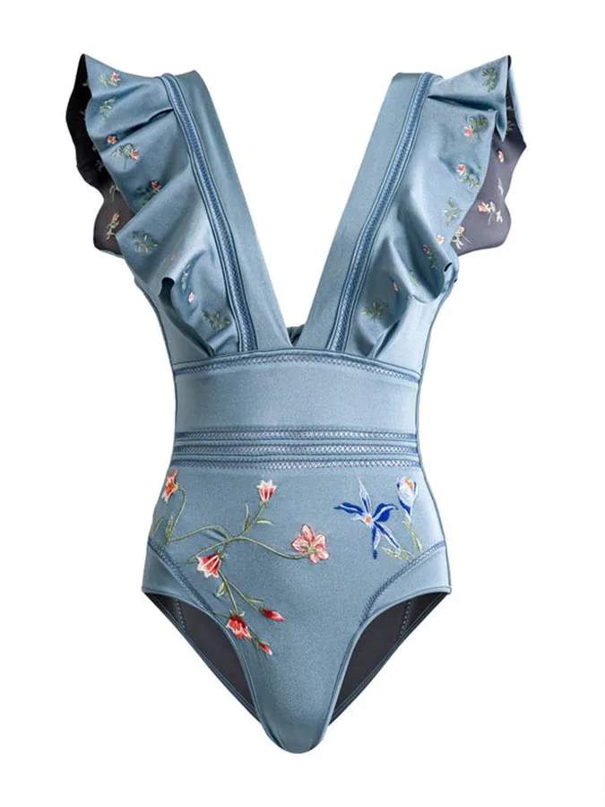 

2023 Women's Fashion Blue Print Deep V Ruffled One-Piece Swimsuit Comfortable Elegant Beachwear Bikini And Cover Up