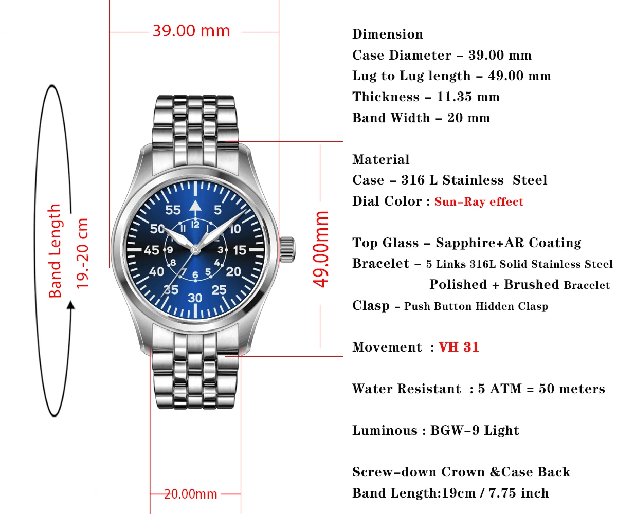 Фото Мужские часы Cronos Pilot Flieger 39 мм, кварцевые, механизм VH31, нержавеющая сталь, водонепроницаемость 100 м, суперлюминофор, куполообразное сапфировое стекло, модель L6057M. №3