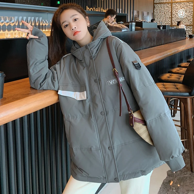 2021 Winter Female Loose Casual Jackets Korean Thickening Overcoat Women White Duck Down Hooded Jacket Long-sleeve Warm Parkas