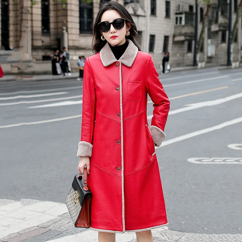 

New Women Leather Coat Autumn Winter 2022 Real Fox Fur Collar Double-faced Fur Down Liner Sheepskin Coat Thick Leather Jacket