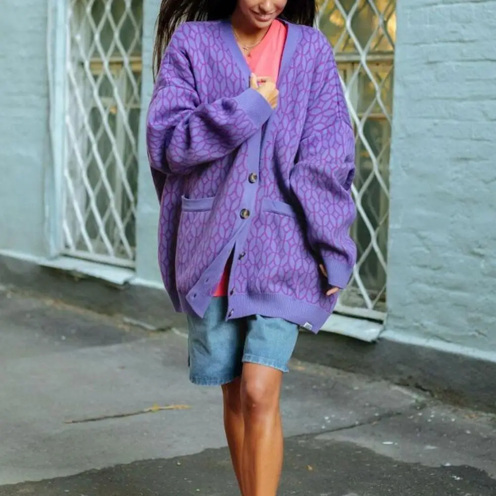 

Women V-neck Checkered Print Knitted Cardigan Fashion Pocket Buttons Casual Autumn Cardigan Sleeve Sweater With Long Female V8f3