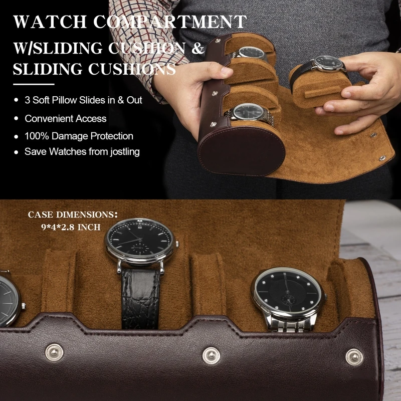 

Watch Roll Travel Case for 3 Watches Storage Display Watch Box Travel Partner Watch Protection Organizer Brown Black