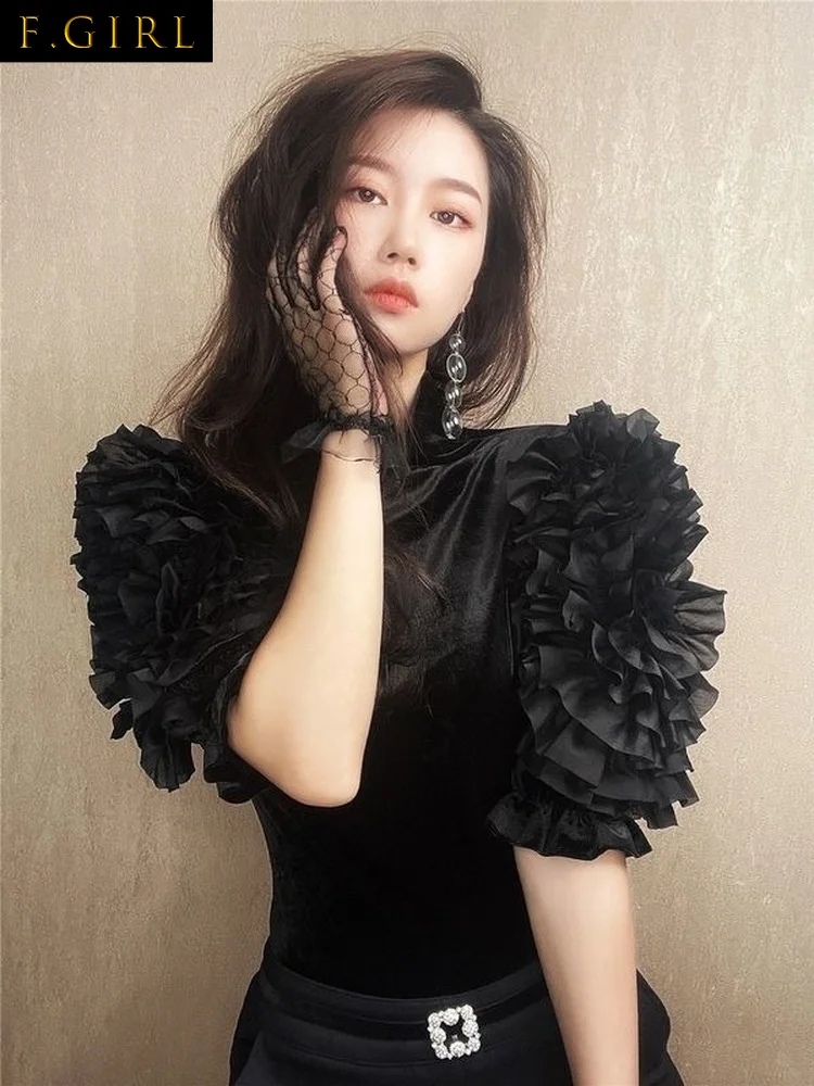 F GIRLS  Women Black T Shirts Korean Chic Temperament All-match Irregular Ruffle Puff Sleeve Slim Thin Vintage Elegant Basic Tee